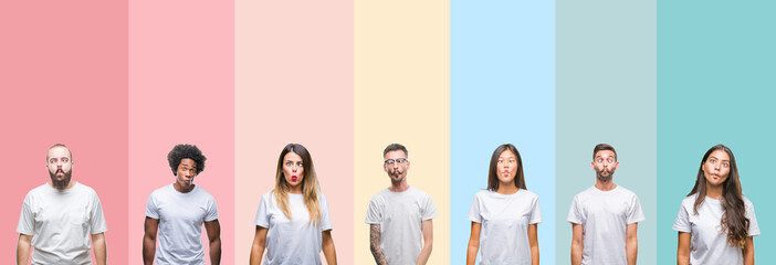 Collage of different ethnics young people wearing white t-shirt over colorful isolated background making fish face with lips, crazy and comical gesture. Funny expression.