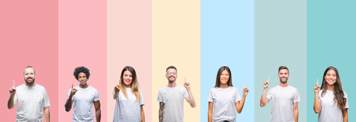 Collage of different ethnics young people wearing white t-shirt over colorful isolated background showing and pointing up with finger number one while smiling confident and happy. - obrazy, fototapety, plakaty