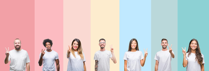 Collage of different ethnics young people wearing white t-shirt over colorful isolated background showing and pointing up with fingers number two while smiling confident and happy.