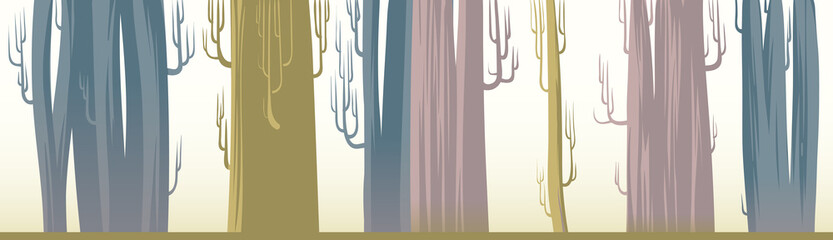 A set of big trees for bakgrounds. An illustration of huge leafless trees in ochre, dust pink and blue colors. A tall forest for animation BG. Flat baobabs for landscape woods themed designs.