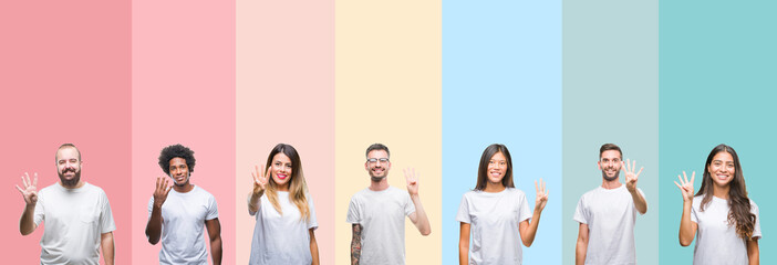 Collage of different ethnics young people wearing white t-shirt over colorful isolated background showing and pointing up with fingers number four while smiling confident and happy.