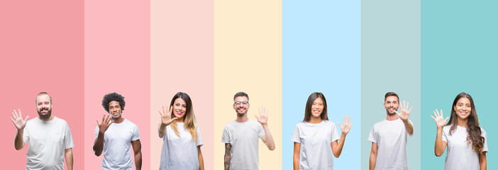 Collage of different ethnics young people wearing white t-shirt over colorful isolated background showing and pointing up with fingers number five while smiling confident and happy.