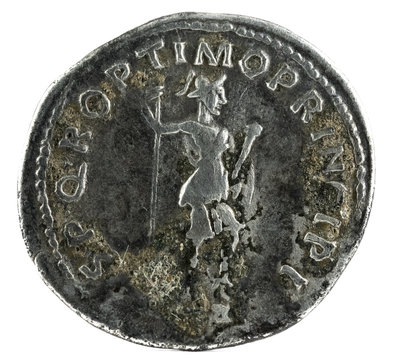 Ancient Roman silver denarius coin of Emperor Trajan. Reverse.