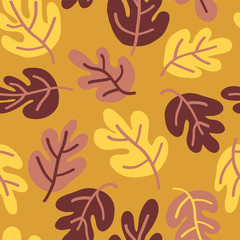 Vector seamless Autumn pattern of fall leaves. Oak leaf seaonal background red, yellow, gold, and pink for textile, digital paper, wallpaper, web banner, invitation, Thanksgiving, page fill, card