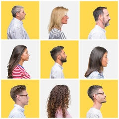 Collage of group of young and senior people over yellow isolated background looking to side, relax...