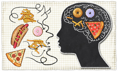 Addiction illustrated with Fast Food and Brain