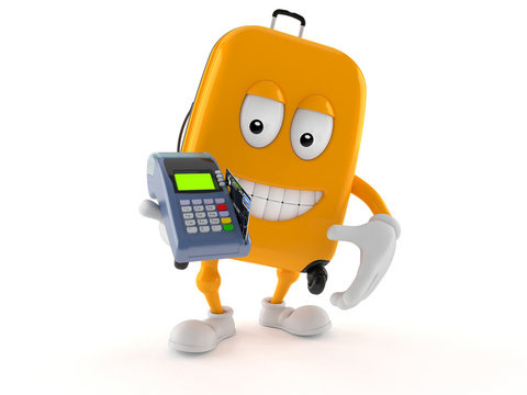 Suitcase character holding credit card reader