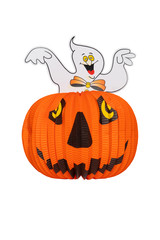 Halloween background. Halloween pumpkin lantern with a ghost on it isolated on a white background. Halloween holiday.