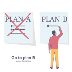 Go to plan B. Human passes to the second plan. Plan A failed. Vector illustration flat design. Isolated on background. Success solution. Alternative idea.