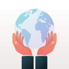 Planet protection concept. Globe in hands icon. Vector illustration flat design. Isolated on white background. Save eco. Cartoon environment. Object for advertising, promotion and poster.