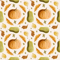 Autumn pattern with hand painted pumpkins and leaves on light warm background