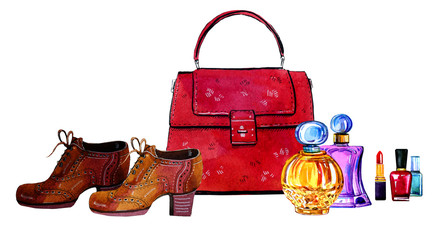 Hand drawn watercolor illustration with red stylized female bag, shoes, perfumes and cosmetics