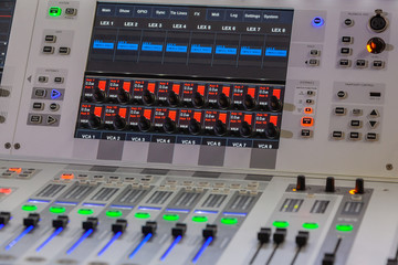 Perfomance and recording digital mixer system. Backlighted buttons and faders with digital monitor