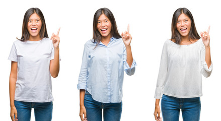 Fototapeta premium Collage of asian young woman standing over white isolated background pointing finger up with successful idea. Exited and happy. Number one.