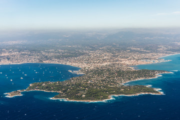 Cap d'Antibes coastline along Juan les Pins and Antibes - Alps maritime department -Côte d’Azur - aerial view - obrazy, fototapety, plakaty