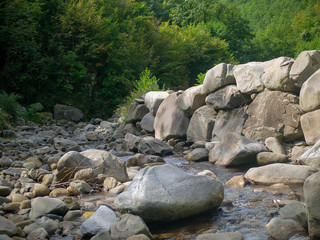 Rocky stream in a forest flowing between large stones and building shallow pools of water, quiet and relaxing in the sunny wilderness during summer