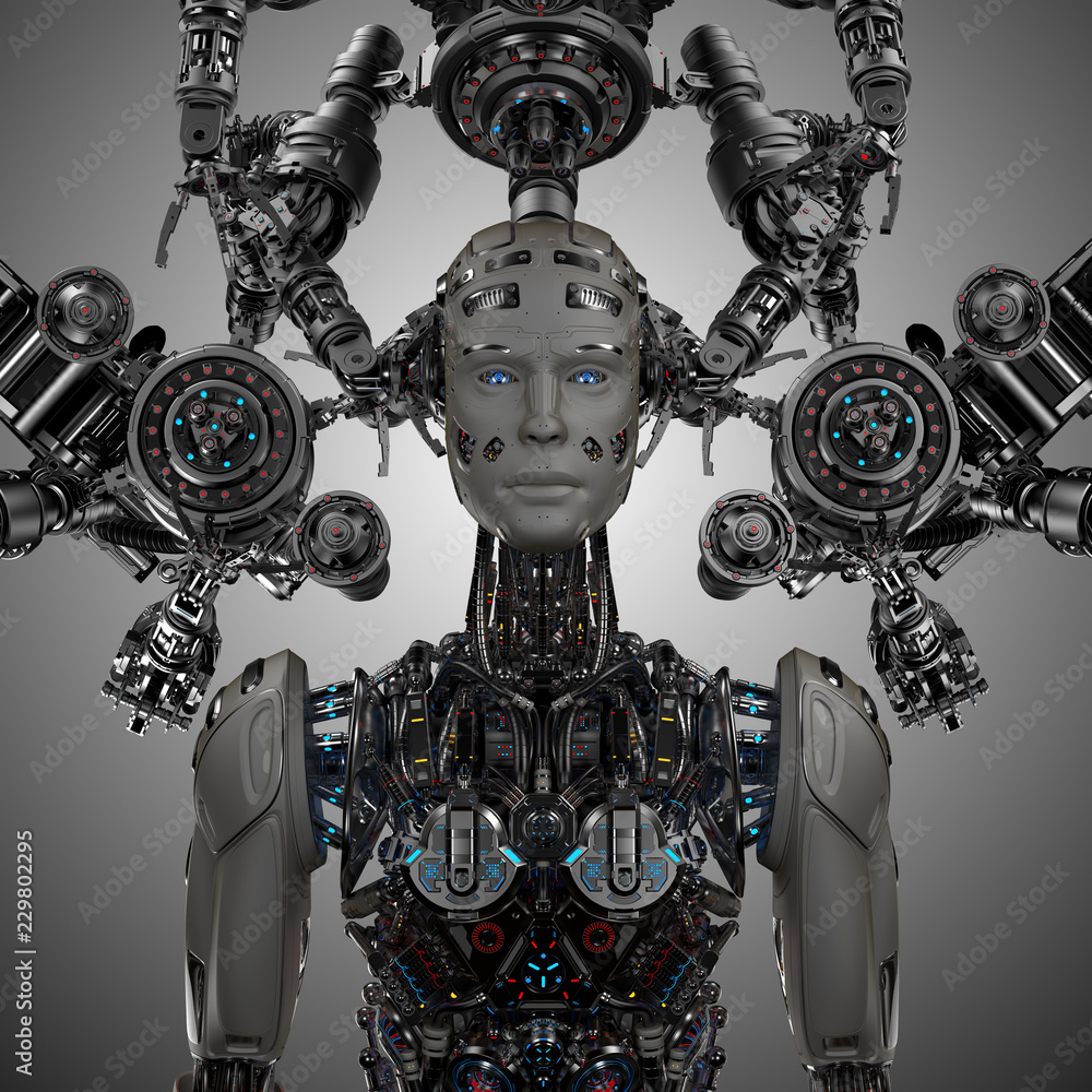 Poster futuristic robot under construction or cyborg is being constructed by robotic arm. isolated on gray 