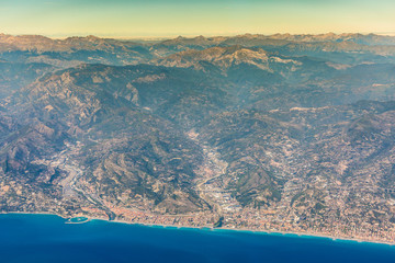 coastline along Ventimiglia and Vallecrosia - province Imperia, Ligurian, Italy - aerial view