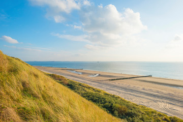 Groyne in sea protecting a coast below a blue sky in sunlight at fall