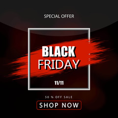 Black friday sale banner over black background. Red blot with text on black background. Black friday logo for banners, web pages, brochure layouts, headlines and flyers, design. Vector illustration.