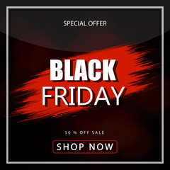Black friday sale banner over black background. Red blot with text on black background. Black friday logo for banners, web pages, brochure layouts, headlines and flyers, design. Vector illustration.