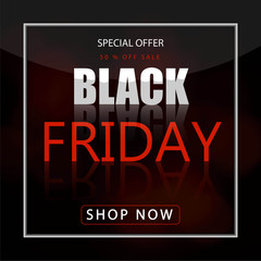 Black friday sale banner over black background. Red blot with text on black background. Black friday logo for banners, web pages, brochure layouts, headlines and flyers, design. Vector illustration.