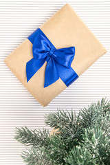 Gift in craft paper with blue ribbon and bow-knot, branches of spruce on a white background.