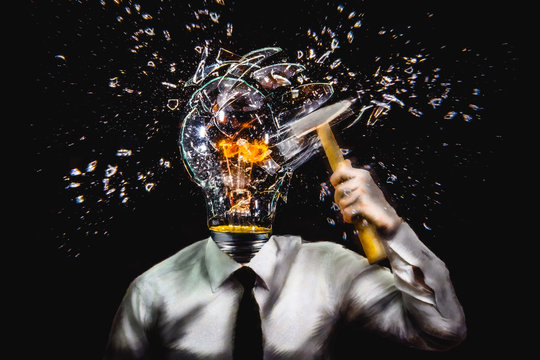 Surreal illustration. Man with lamp head shattering his own lamp, concept of self sabotage.
