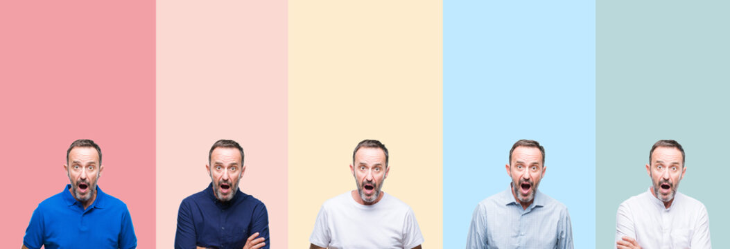 Collage of senior hoary handsome man over colorful stripes isolated background afraid and shocked with surprise expression, fear and excited face.