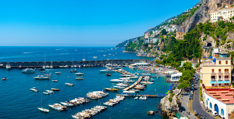 Amalfi, Italy - July 15th 2018: yatch boats in the tourist port of Amalfi Sorrento coast. Salerno -...