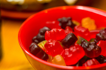 translucent multi-colored jelly sweeties in red bowl