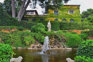 Fountain in a beautiful well-kept Park with green grass and slender trees.