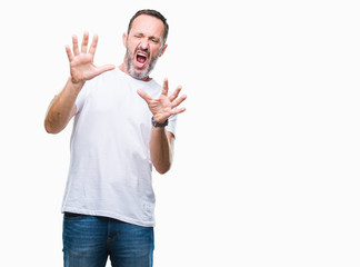 Middle age hoary senior man wearing white t-shirt over isolated background afraid and terrified with fear expression stop gesture with hands, shouting in shock. Panic concept.