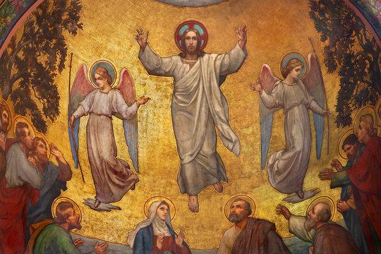 PRAGUE, CZECH REPUBLIC - OCTOBER 13, 2018: The fresco of Ascension of Jesus in side apse of church kostel Svatého Václava by S. G. Rudl (1900).
