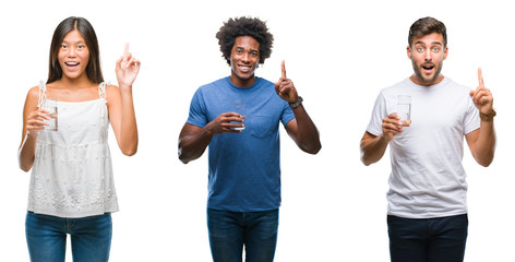 Obraz premium Collage of people drinking glass of water over isolated background surprised with an idea or question pointing finger with happy face, number one