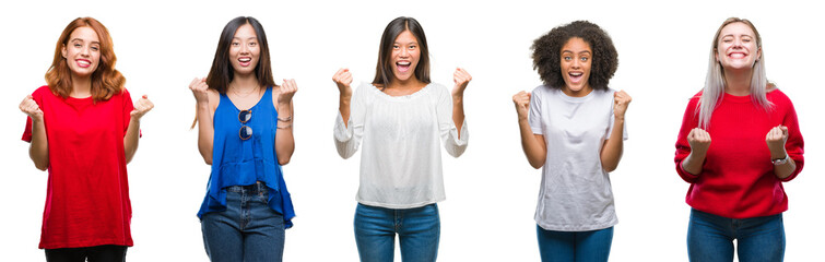 Collage of group of beautiful Chinese, asian, african american, caucasian women over isolated background celebrating surprised and amazed for success with arms raised and open eyes. Winner concept.