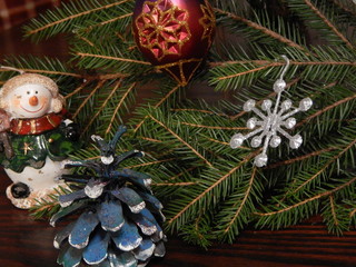 Christmas tree with Christmas decorations, fragment close-up