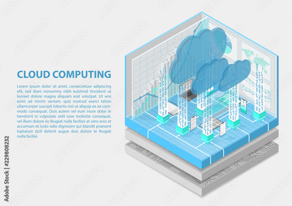 Poster cloud computing isometric vector illustration. abstract 3d infographic with mobile devices