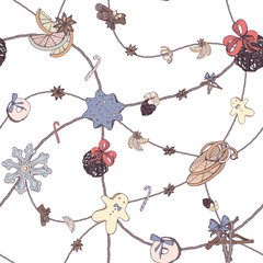 Christmas seamless pattern with elements of traditional decor: sweets and toys, web twine on white background