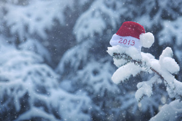 Year 2019 written on Santa Claus hat. New year background.