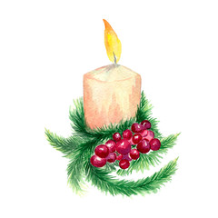 Flaming Christmas candle with fir branch..Watercolor illustration. The main symbols of the holiday.Merry Christmas and Happy New Year background.Package concept.Layout, mockup design.