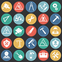 Tools and Construction set on color circles flat background icons