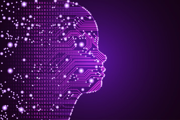 Big data and artificial intelligence concept. Machine learning and cyber mind education concept in form of child face outline with circuit board and binary data flow on purple background.