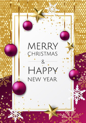 Fototapeta na wymiar Vector Merry Christmas And Happy New Year background with golden star, balls, fir tree branches, snowflakes.