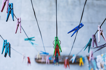 Colorful clothespin, clothespins on the rope close up