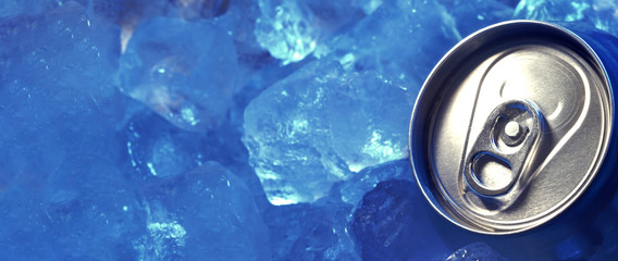 drink can iced submerged in frost ice, metal aluminum beverage