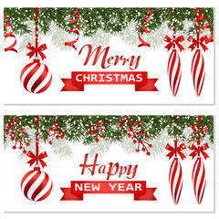 New Year Christmas. Two flyer, business cards, cards. Striped balls and candles. Green branches of fir trees in the snow. Ribbon with a congratulatory inscription. illustration