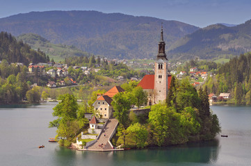 Slovenia, Bled, Lake Bled and the church of Assumption, Gorenjska Region.