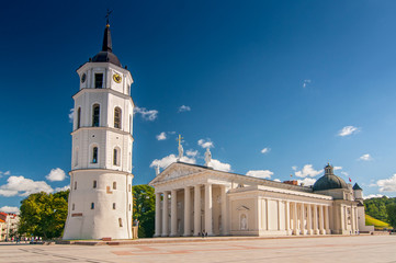 Cathedral Basilica Of St. Stanislaus And St. Vladislav With The Bell Tower In Summer Sunny Day, Vilnius, Lithuania. - obrazy, fototapety, plakaty