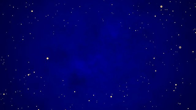 Animation of golden particles on dark blue sky. Cloudy night sky with sparkling stars. Place in center for logo. Circle text space. Christmas, birthday, wedding, new year party. Lopped seamless